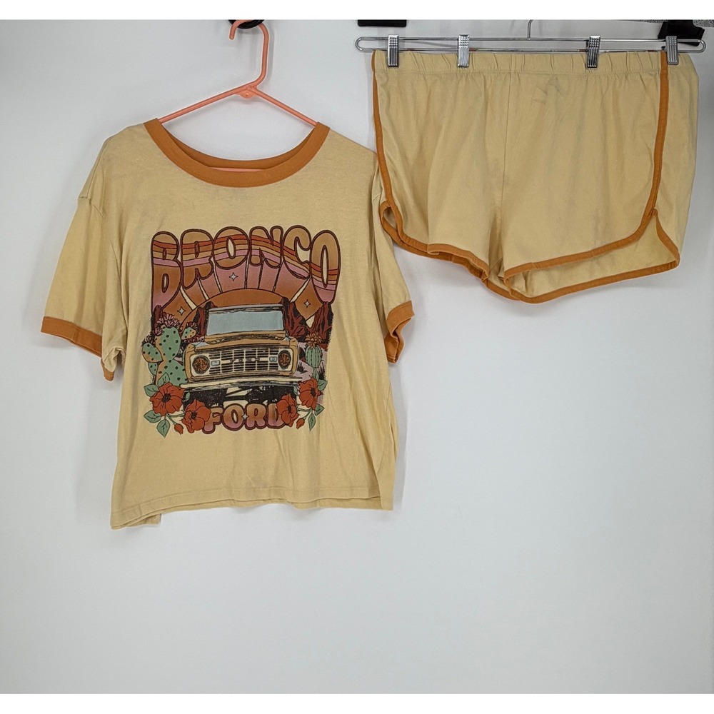Ford Bronco Pajama Set Womens 2X Yellow Retro Graphic Ringer Tee Shorts Classic
